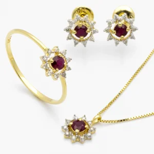 Brinco, Anel e Colar em Ouro Amarelo com Rubi e Diamante