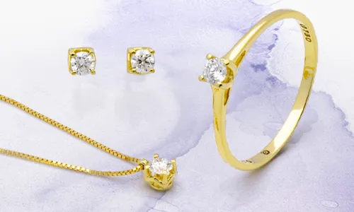 Brinco, Anel e Colar Solitário com Diamante em Ouro18k