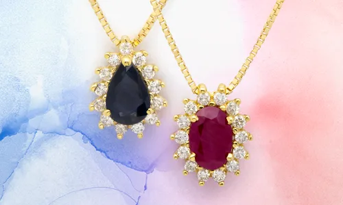 Colar Pingente em Rubi e em Safira com Diamantes e Ouro18k