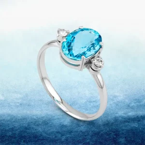 Anel Água Marinha com Diamantes e Ouro18k Branco