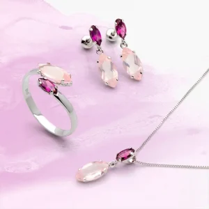 Anel, Brinco e Colar em Ametista e Quartzo Rosa em Ouro18k