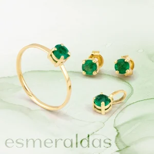Anel, Brinco e Pingente em Ouro 18k em Esmeraldas