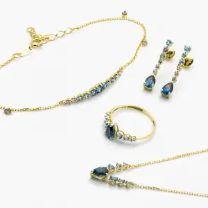 Brinco, Anel, Colar e Pulseira em Ouro Amarelo com Topázio Azul London