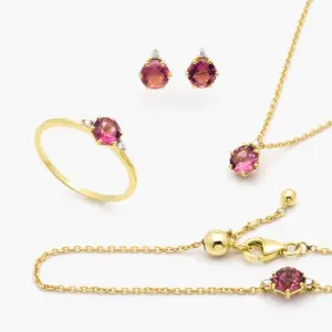 Brinco, Anel, Colar e Pulseira em Ouro Amarelo com Turmalina Rosa