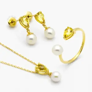 Brinco, Anel e Colar em Ouro Amarelo com Pérola e Citrino