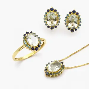 Brinco, Anel e Colar em Ouro Amarelo com Prasiolita