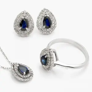 Brinco, Anel e Colar em Ouro Branco com Safira e Diamante