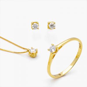 Brinco, Anel e Pingente Solitário Ponto de Luz em Ouro Amarelo 18k com Diamante
