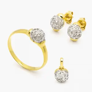 Brinco, Anel e Pingente em Ouro Amarelo com Diamante Pave