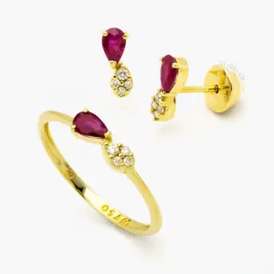 Brinco e Anel em Ouro Amarelo com Rubi e Diamante