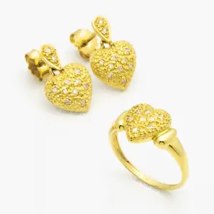 Brinco e Anel em Ouro Amarelo com Diamante Pave