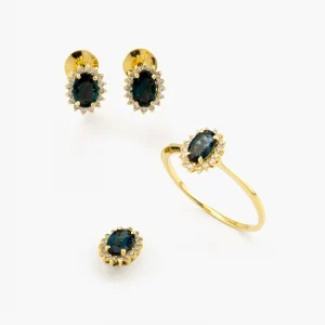Conjunto Brinco, Anel e Pingente de Ouro 18k com Safiras e Diamantes