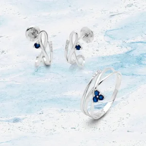 Conjunto Brinco e Anel de Ouro 18k Branco com Safiras