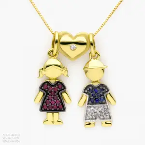 Pingente Menino e Menina em Ouro Amarelo com Rubi, Safira e Diamante